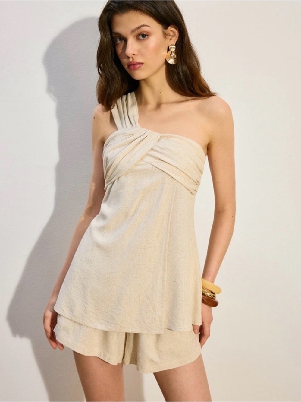 Linen Blend One-Shoulder Cream Shorts Set